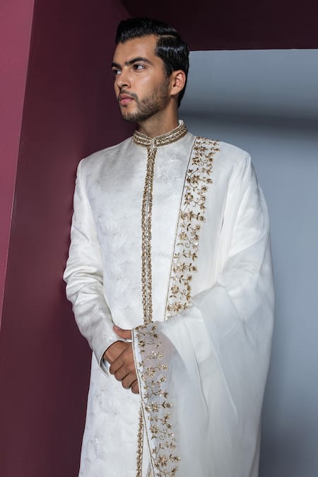 Shop Contrast By Parth Off White Jacquard, Silk, Organza Zari, Misba Zardosi Work Sherwani Set Online at Aza Fashions Shop_Contrast By Parth_Off White Jacquard, Silk, Organza Zari, Misba Zardosi Work Sherwani Set _Online_at_Aza_Fashions