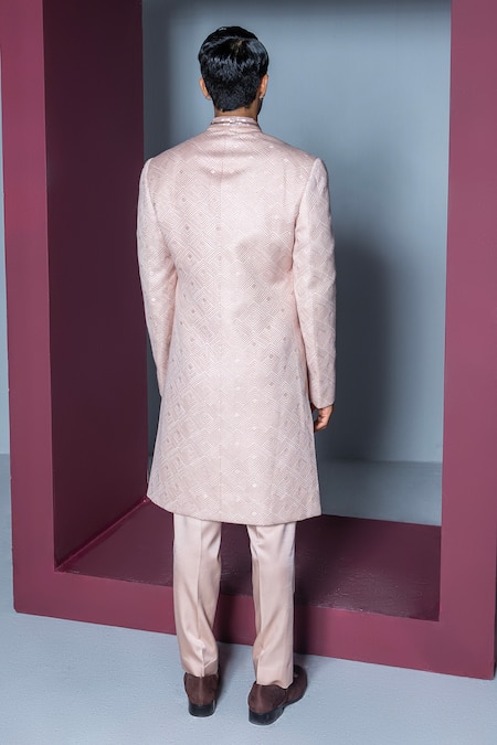 Shop Contrast By Parth Pink Silk Embroidery Nirvana Geometric Pattern Sherwani Set at Aza Fashions Shop_Contrast By Parth_Pink Silk Embroidery Nirvana Geometric Pattern Sherwani Set _at_Aza_Fashions
