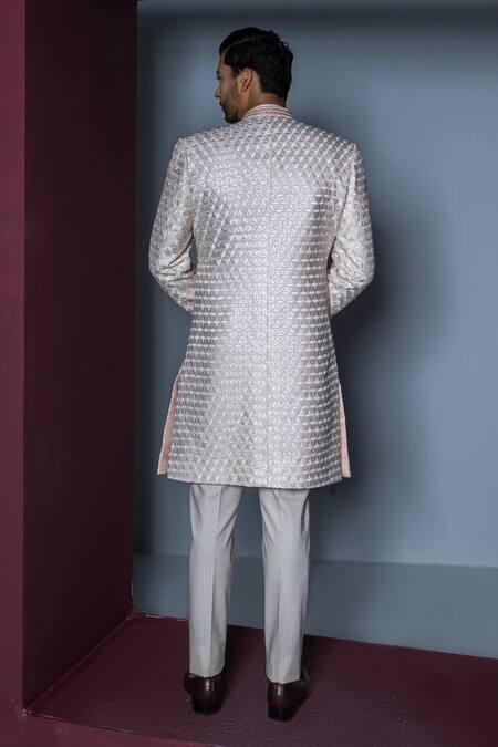 Shop Contrast By Parth Pink Silk Embroidery Majestic Floral Sherwani Set at Aza Fashions Shop_Contrast By Parth_Pink Silk Embroidery Majestic Floral Sherwani Set_at_Aza_Fashions