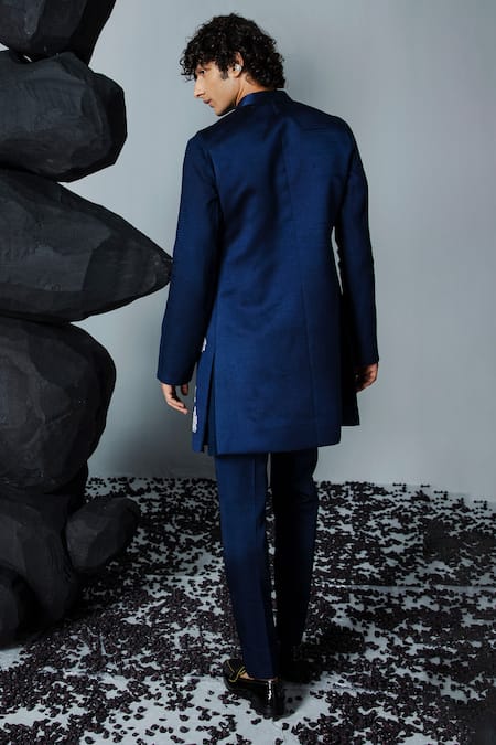 Shop Contrast By Parth Blue Silk Embroidery Handpainted Shrug Pant Set at Aza Fashions Shop_Contrast By Parth_Blue Silk Embroidery Handpainted Shrug Pant Set _at_Aza_Fashions