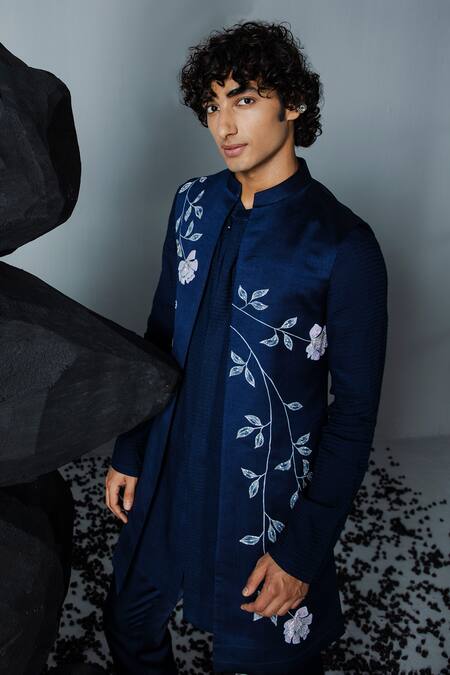 Shop Contrast By Parth Blue Silk Embroidery Handpainted Shrug Pant Set Online at Aza Fashions Shop_Contrast By Parth_Blue Silk Embroidery Handpainted Shrug Pant Set _Online_at_Aza_Fashions