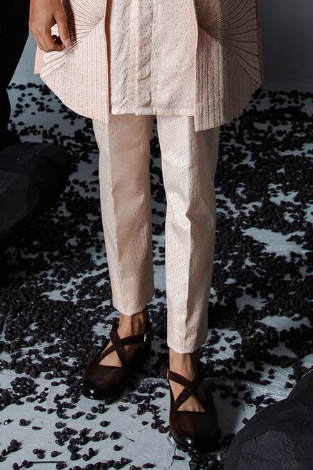 Contrast By Parth_Pink Linen, Silk Cut Work, Pearls, Illusion Embellished Shrug Pant Set_Online_at_Aza_Fashions