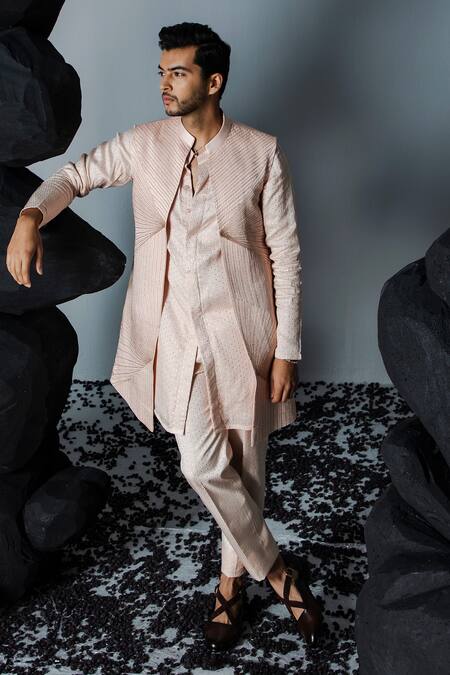 Buy_Contrast By Parth_Pink Linen, Silk Cut Work, Pearls, Illusion Embellished Shrug Pant Set_Online_at_Aza_Fashions