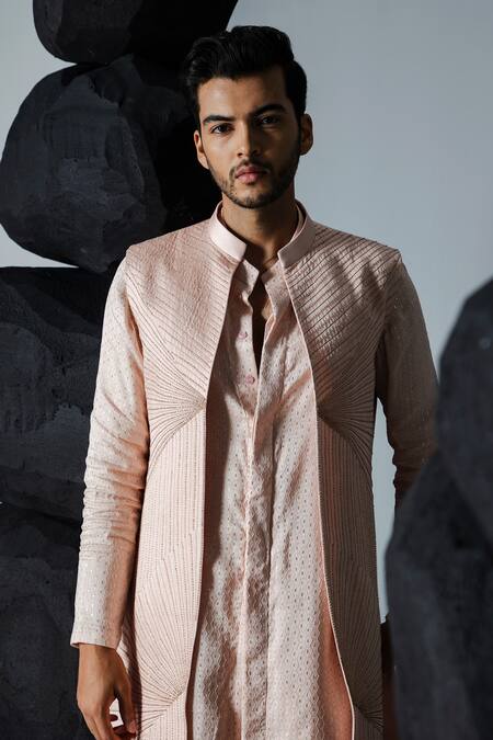 Shop_Contrast By Parth_Pink Linen, Silk Cut Work, Pearls, Illusion Embellished Shrug Pant Set_Online_at_Aza_Fashions