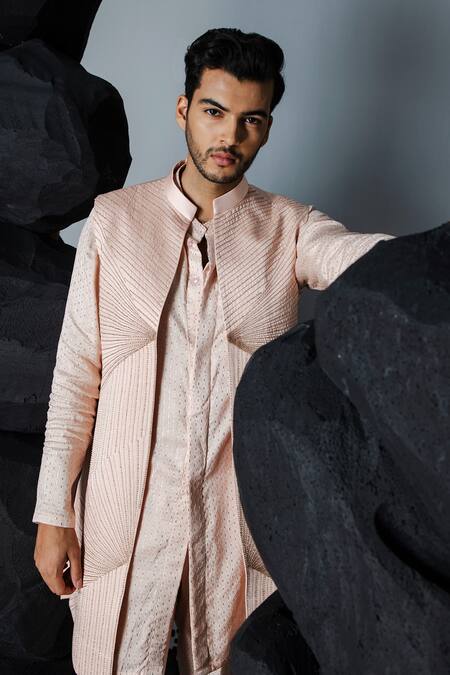 Contrast By Parth_Pink Linen, Silk Cut Work, Pearls, Illusion Embellished Shrug Pant Set_at_Aza_Fashions