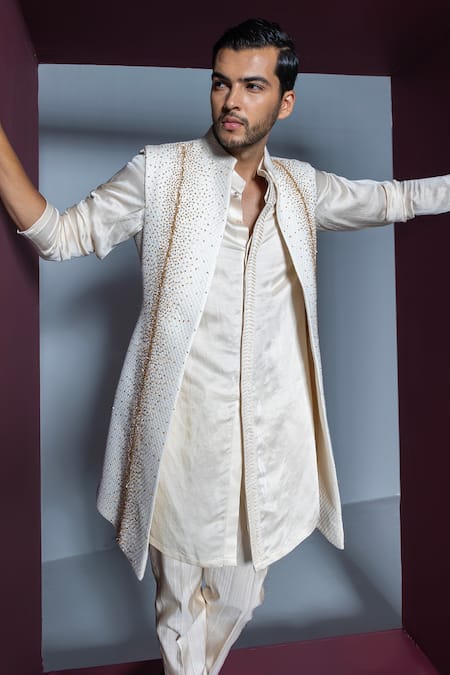 Contrast By Parth Ivory Jacquard Crystals Embroidered Shrug Pant Set Online at Aza Fashions Contrast By Parth_Ivory Jacquard Crystals Embroidered Shrug Pant Set _Online_at_Aza_Fashions