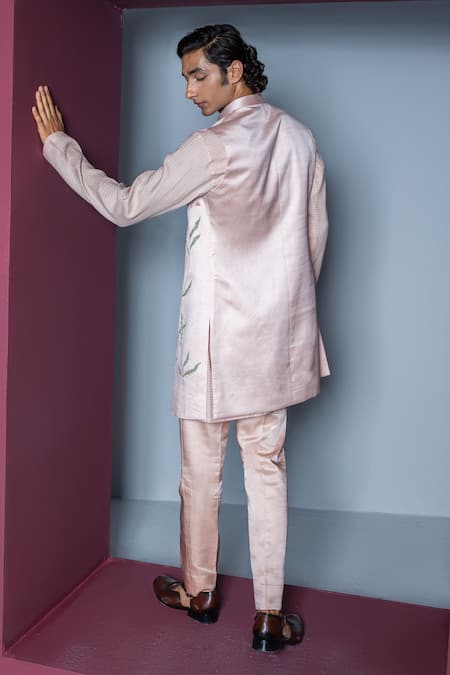 Shop Contrast By Parth Pink Silk Embroidery Floral Handpainted Kurta Set With Shrug at Aza Fashions Shop_Contrast By Parth_Pink Silk Embroidery Floral Handpainted Kurta Set With Shrug _at_Aza_Fashions