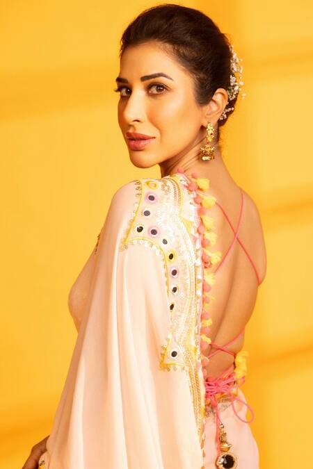 Shop_Gopi Vaid_Pink Tussar, Chiffon Mirrors, Sequins, Placement Hand Saree With Blouse _Online_at_Aza_Fashions