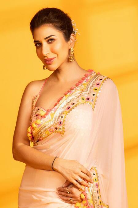 Gopi Vaid_Pink Tussar, Chiffon Mirrors, Sequins, Placement Hand Saree With Blouse _at_Aza_Fashions