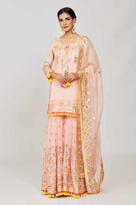 Buy_Gopi Vaid_Pink Georgette, Organza Mirrors, Sequins, Friya Short Kurta Sharara Set 