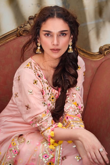 Shop_Gopi Vaid_Pink Georgette, Organza Mirrors, Sequins, Friya Short Kurta Sharara Set 