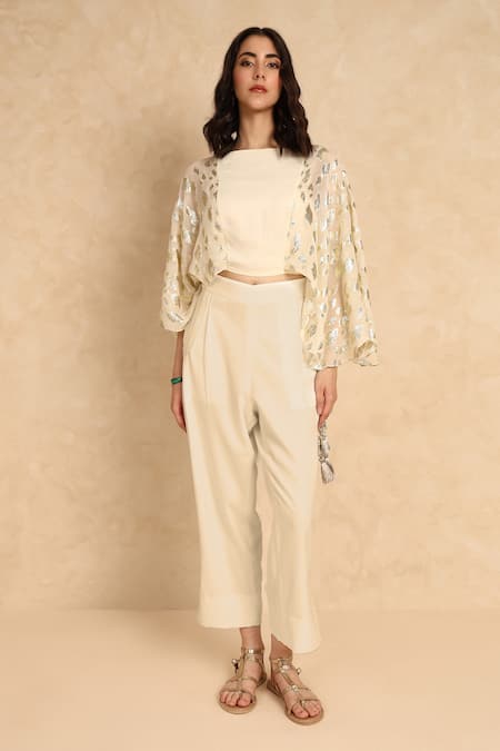 Style Junkiie Cream Georgette Round Neck Overlap Metallic Pattern Tunic Online at Aza Fashions Style Junkiie_Cream Georgette Round Neck Overlap Metallic Pattern Tunic _Online_at_Aza_Fashions