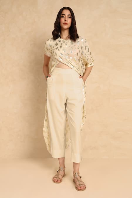 Buy Style Junkiie Cream Georgette Round Neck Overlap Metallic Pattern Tunic Online at Aza Fashions Buy_Style Junkiie_Cream Georgette Round Neck Overlap Metallic Pattern Tunic _Online_at_Aza_Fashions