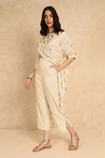 Shop Style Junkiie Cream Georgette Round Neck Overlap Metallic Pattern Tunic Online at Aza Fashions Shop_Style Junkiie_Cream Georgette Round Neck Overlap Metallic Pattern Tunic _Online_at_Aza_Fashions
