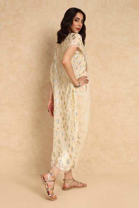 Shop Style Junkiie Cream Georgette Round Neck Overlap Metallic Pattern Tunic at Aza Fashions Shop_Style Junkiie_Cream Georgette Round Neck Overlap Metallic Pattern Tunic _at_Aza_Fashions