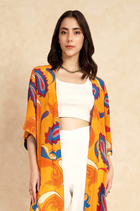 Style Junkiie_Yellow Crepe Fringe Open Neck Paisley Pattern Duster _Online_at_Aza_Fashions