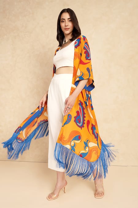 Buy_Style Junkiie_Yellow Crepe Fringe Open Neck Paisley Pattern Duster _Online_at_Aza_Fashions