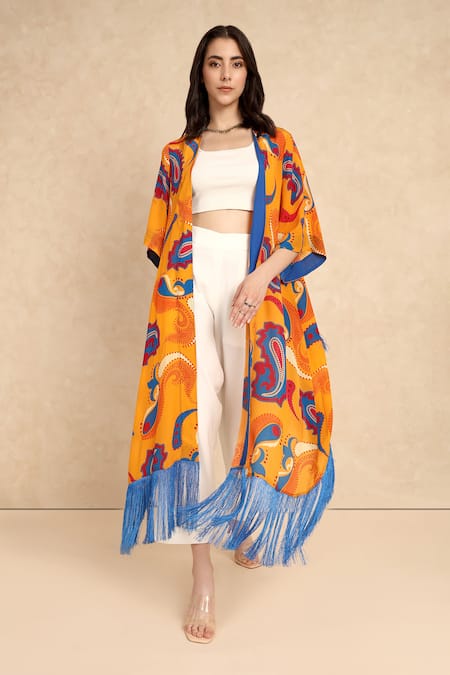 Shop_Style Junkiie_Yellow Crepe Fringe Open Neck Paisley Pattern Duster _Online_at_Aza_Fashions