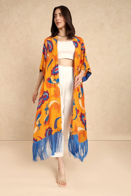Style Junkiie_Yellow Crepe Fringe Open Neck Paisley Pattern Duster _at_Aza_Fashions