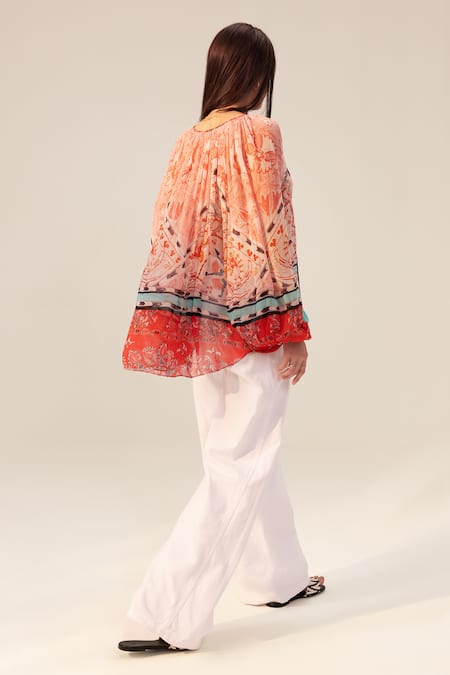 Shop Reena Sharma Pink Chiffon Embroidery V-neck Samra Blossom Print Boho Top at Aza Fashions Shop_Reena Sharma_Pink Chiffon Embroidery V-neck Samra Blossom Print Boho Top _at_Aza_Fashions