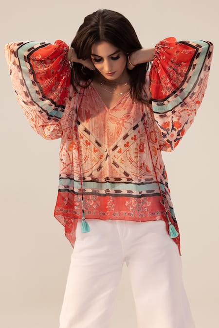 Buy Reena Sharma Pink Chiffon Embroidery V-neck Samra Blossom Print Boho Top Online at Aza Fashions Buy_Reena Sharma_Pink Chiffon Embroidery V-neck Samra Blossom Print Boho Top _Online_at_Aza_Fashions