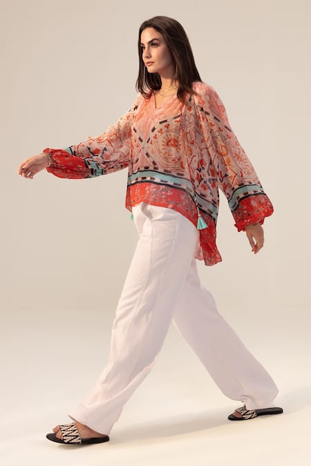 Shop Reena Sharma Pink Chiffon Embroidery V-neck Samra Blossom Print Boho Top Online at Aza Fashions Shop_Reena Sharma_Pink Chiffon Embroidery V-neck Samra Blossom Print Boho Top _Online_at_Aza_Fashions