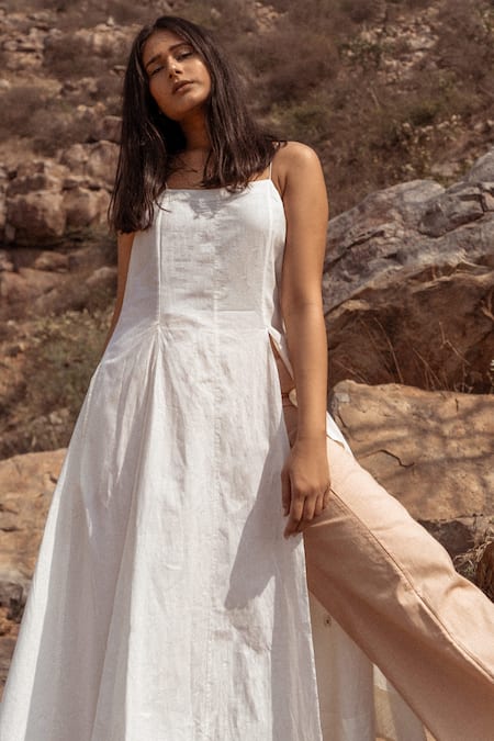 Shop Ahmev Ivory Handloom Cotton Square Neck Solid Slit Dress at Aza Fashions Shop_Ahmev_Ivory Handloom Cotton Square Neck Solid Slit Dress _at_Aza_Fashions