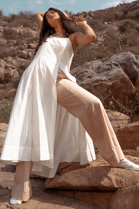 Ahmev Ivory Handloom Cotton Square Neck Solid Slit Dress Online at Aza Fashions Ahmev_Ivory Handloom Cotton Square Neck Solid Slit Dress _Online_at_Aza_Fashions