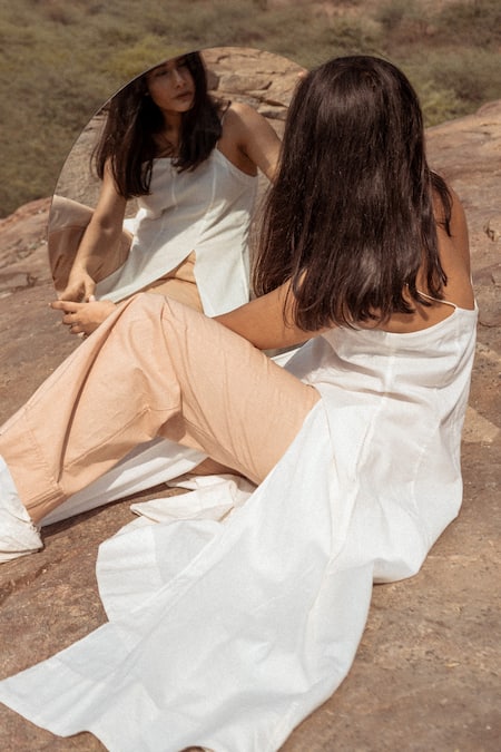 Shop Ahmev Ivory Handloom Cotton Square Neck Solid Slit Dress Online at Aza Fashions Shop_Ahmev_Ivory Handloom Cotton Square Neck Solid Slit Dress _Online_at_Aza_Fashions