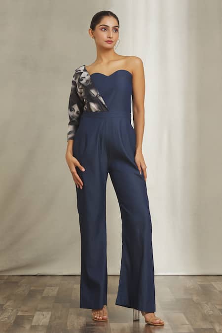 Samyukta Singhania Blue Tensil Denim Printed One-shoulder Jumpsuit 