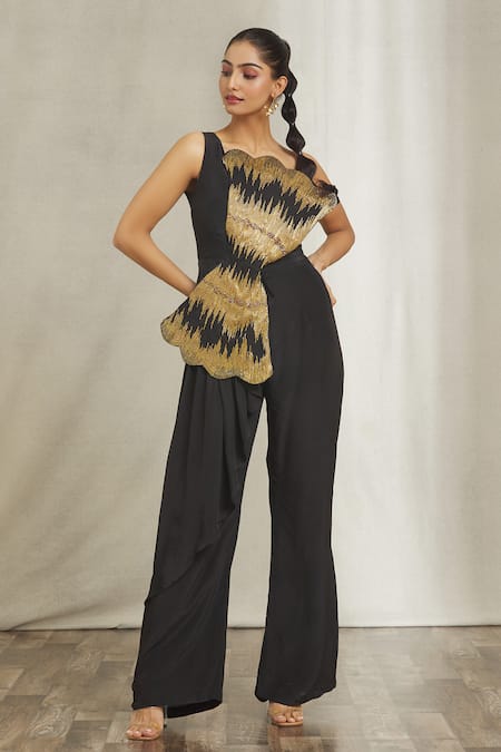 Samyukta Singhania Black Pure Crepe Embroidered Cutdana One Shoulder Panel Draped Jumpsuit 