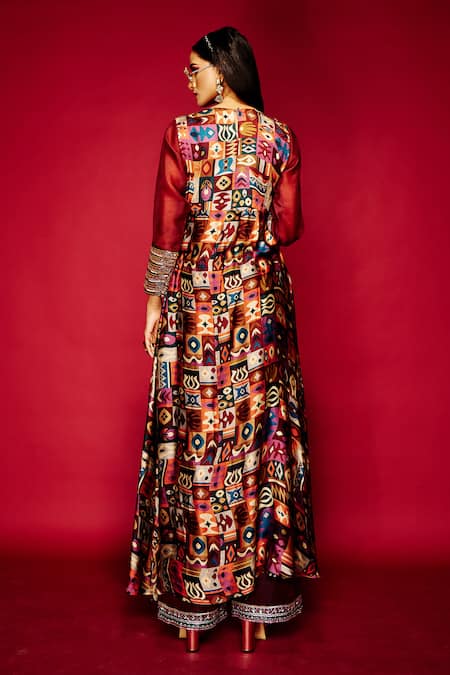 Shop_Esha L Amin_Maroon Modal, Satin Sequins Round Neck Tribal Print Tunic _at_Aza_Fashions