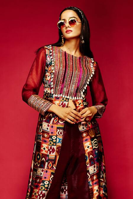Esha L Amin_Maroon Modal, Satin Sequins Round Neck Tribal Print Tunic _Online_at_Aza_Fashions