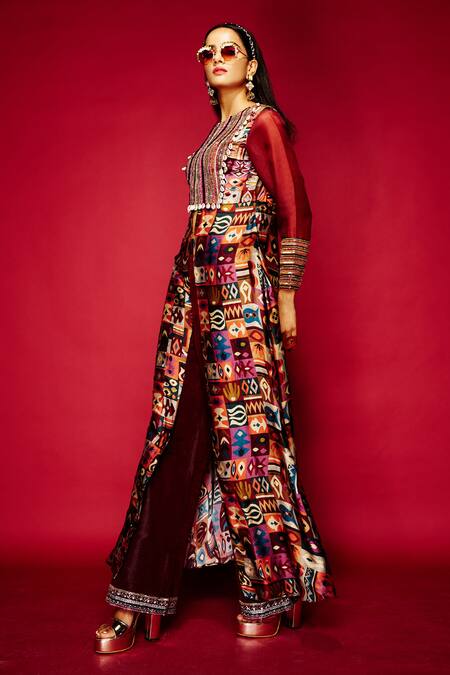 Buy_Esha L Amin_Maroon Modal, Satin Sequins Round Neck Tribal Print Tunic _Online_at_Aza_Fashions