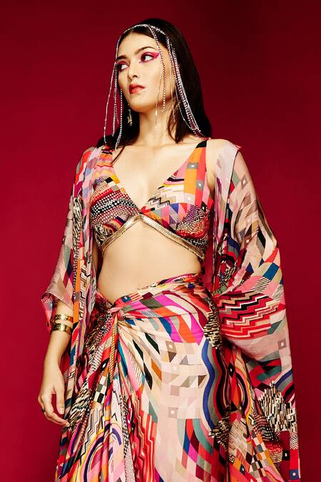 Esha L Amin_Multi Color Viscose Geometric Print Cape _Online_at_Aza_Fashions