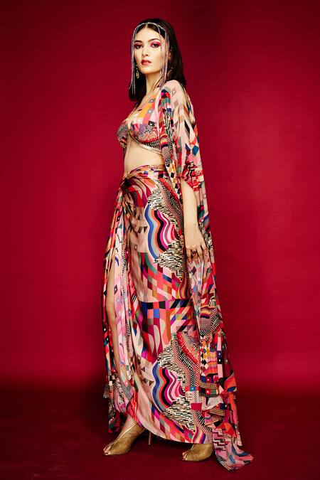 Buy_Esha L Amin_Multi Color Viscose Geometric Print Cape _Online_at_Aza_Fashions