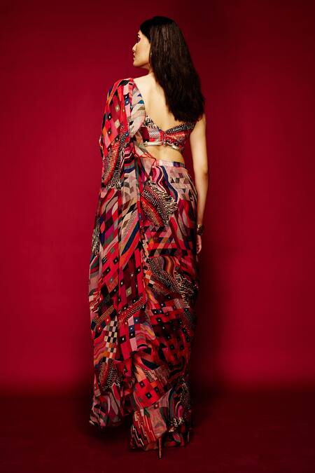 Shop_Esha L Amin_Multi Color Viscose V-neck Geometric Print Blouse _at_Aza_Fashions
