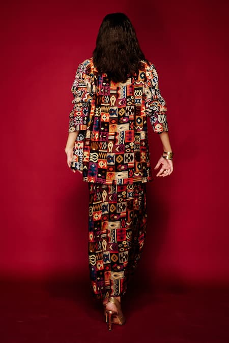 Shop Esha L Amin Brown Viscose Tribal Print Sarong Skirt at Aza Fashions Shop_Esha L Amin_Brown Viscose Tribal Print Sarong Skirt _at_Aza_Fashions