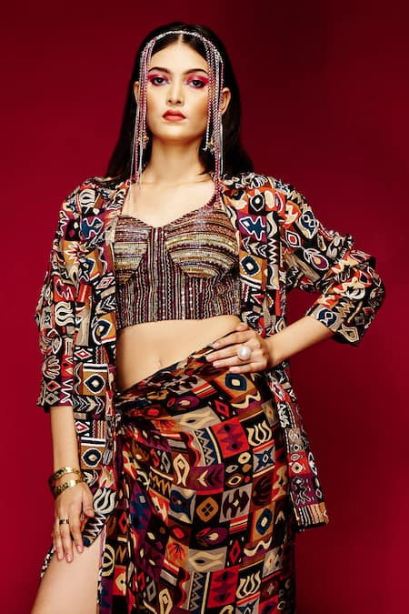 Esha L Amin Brown Viscose Tribal Print Sarong Skirt Online at Aza Fashions Esha L Amin_Brown Viscose Tribal Print Sarong Skirt _Online_at_Aza_Fashions