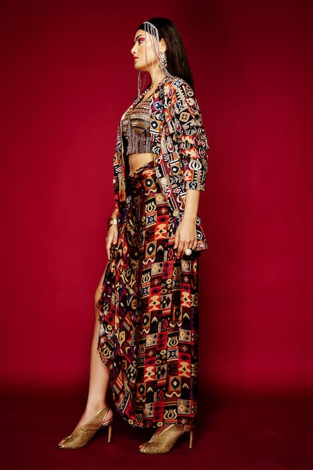 Buy Esha L Amin Brown Viscose Tribal Print Sarong Skirt Online at Aza Fashions Buy_Esha L Amin_Brown Viscose Tribal Print Sarong Skirt _Online_at_Aza_Fashions