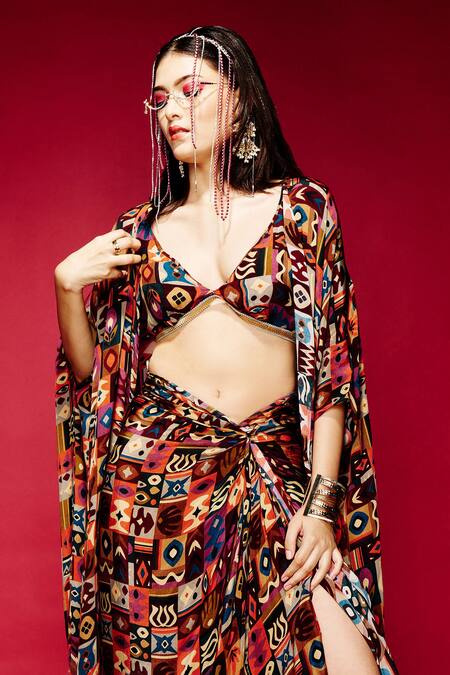 Esha L Amin_Brown Tribal Print Cape _Online_at_Aza_Fashions