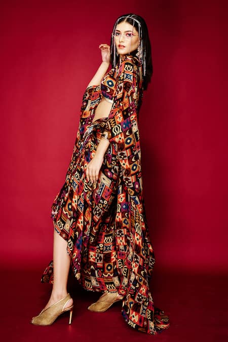 Esha L Amin_Brown Viscose V-neck Tribal Print Bralette _Online_at_Aza_Fashions