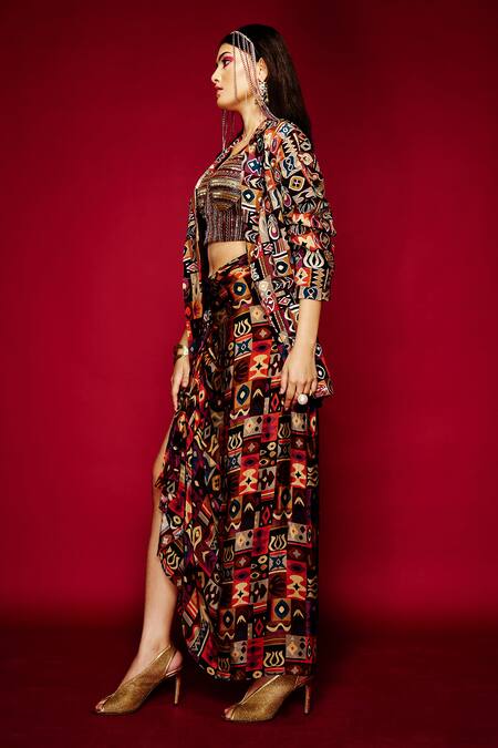 Buy Esha L Amin Brown Viscose Embroidery Tribal Print Blazer Online at Aza Fashions Buy_Esha L Amin_Brown Viscose Embroidery Tribal Print Blazer _Online_at_Aza_Fashions