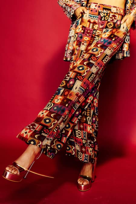 Esha L Amin_Brown Viscose Tribal Print Pant _Online_at_Aza_Fashions