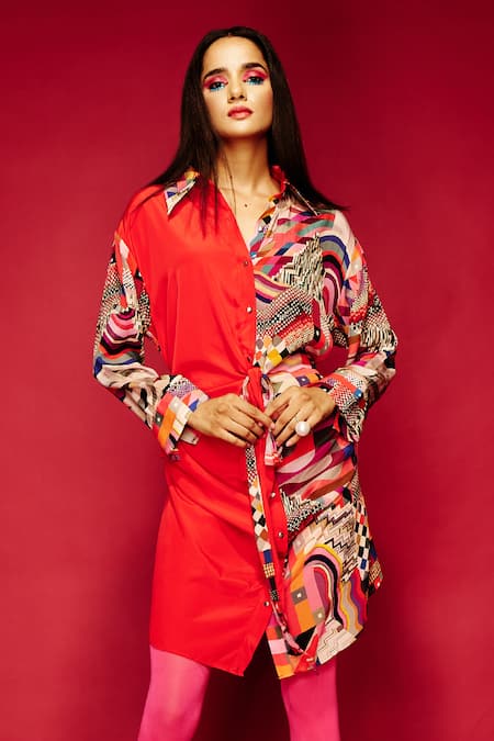 Esha L Amin_Coral Modal, Satin, Crepe Collared Geometric Print And Shirt Dress _Online_at_Aza_Fashions
