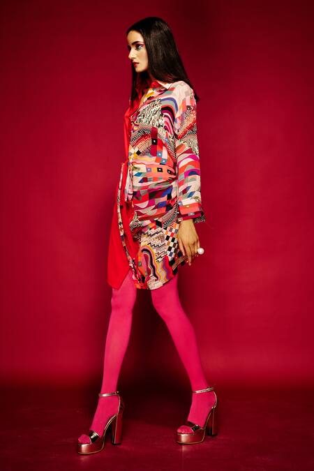 Buy_Esha L Amin_Coral Modal, Satin, Crepe Collared Geometric Print And Shirt Dress _Online_at_Aza_Fashions