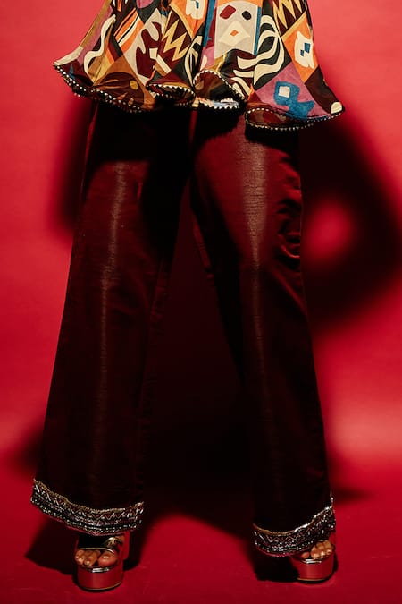 Esha L Amin Maroon Silk Sequins Hemline Embroidered Pant Online at Aza Fashions Esha L Amin_Maroon Silk Sequins Hemline Embroidered Pant _Online_at_Aza_Fashions