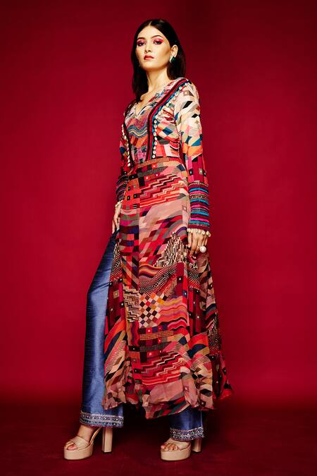 Esha L Amin_Orange Silk Sequins, Embroidery V-neck Geometric Print Kurta _Online_at_Aza_Fashions