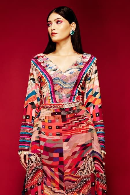 Buy_Esha L Amin_Orange Silk Sequins, Embroidery V-neck Geometric Print Kurta _Online_at_Aza_Fashions