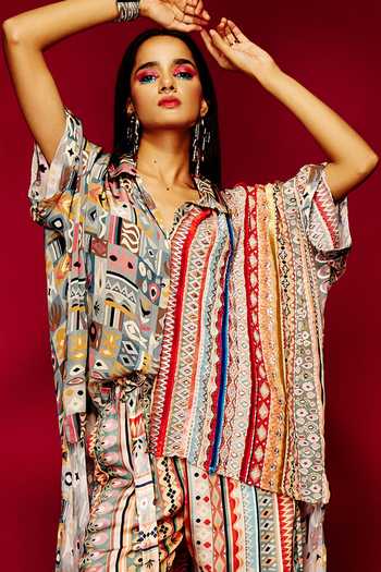Esha L Amin_Multi Color Viscose Embroidery Collared Tribal Print And Shirt _Online_at_Aza_Fashions